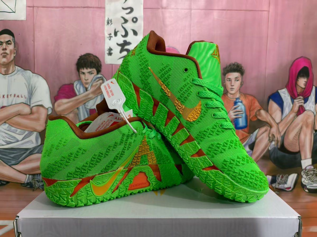 Pair of bright green Nike basketball sneakers displayed on a shoebox, showing gold side detailing, brown trim, and patterned outsoles.