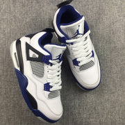Front three-quarter view of the pair showing the white toe boxes, mesh sections, white laces, and blue detailing.