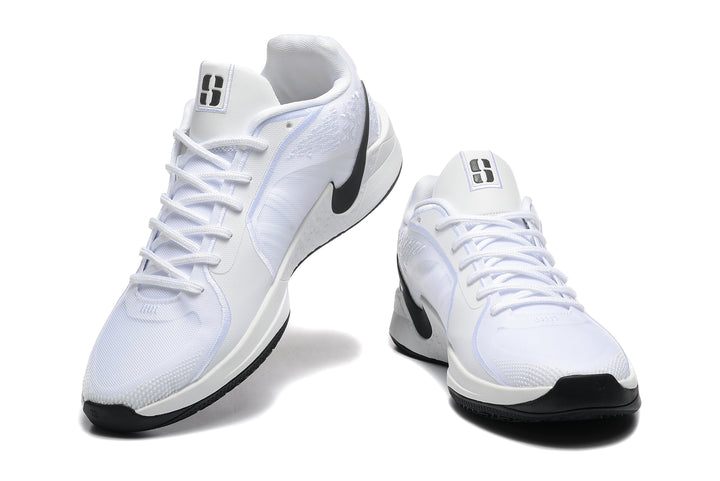 Pair of white low-top basketball shoes with black Swooshes and black outsole