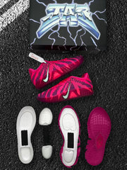 Side views of the pink and purple sneakers with separate white and colored sole components displayed below.
