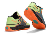Lime and orange Nike KD 18 sneakers showing the heel and outsole.