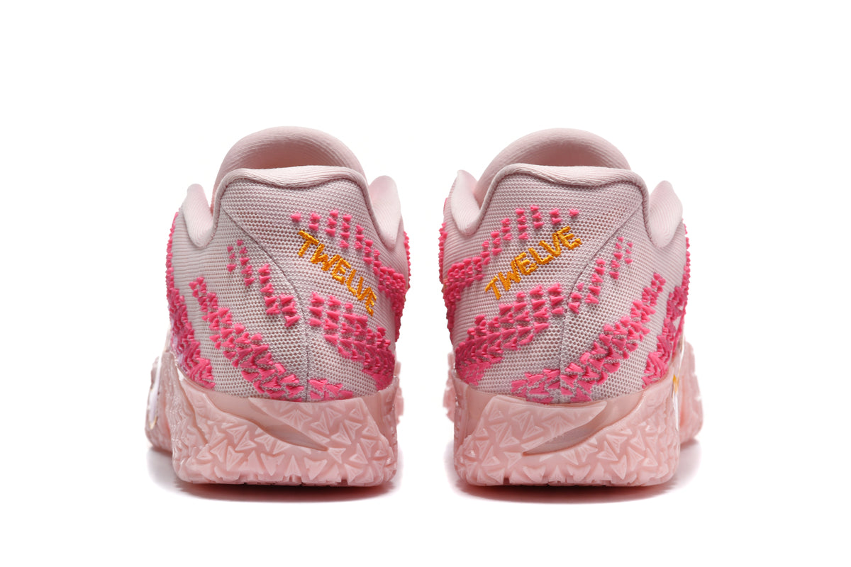 Rear view of pink Nike sneakers showing magenta textured detailing and cushioned pink soles.