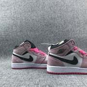 Pair of pink, white and black mid-top sneakers shown from the rear-side angle.