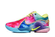 Side profile of a multicolor basketball shoe with a neon-yellow accent and blue and pink outsole.