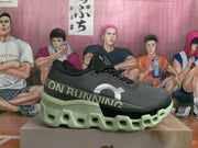 Side view of a dark On Running sneaker with a chunky lime-green sole and large side branding.