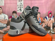 Angled view of grey Nike KD basketball shoes showing the tongues, laces, and side details