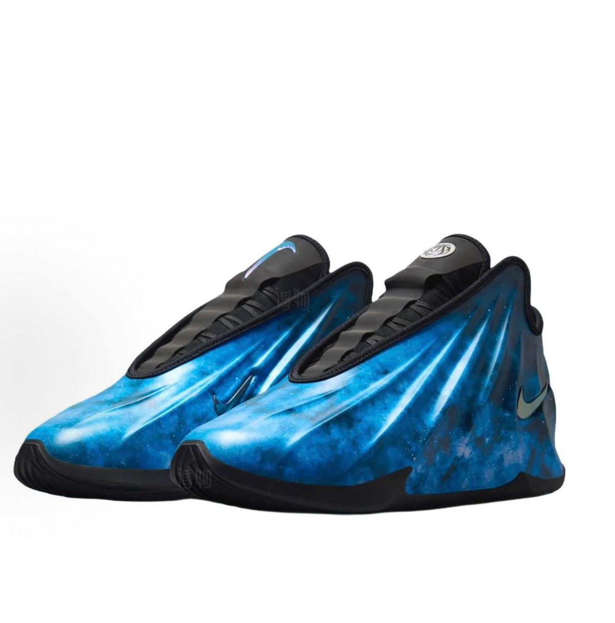 Pair of Nike high-top sneakers in an aurora blue and black colorway, shown from a three-quarter front angle.