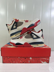 Two Jordan Air Jordan 4 Retro sneakers shown from opposite side angles with mesh panels and contrasting midsoles.