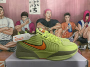 Side view of lime-green Nike Zoom Freak basketball shoes with orange Swoosh and olive accents