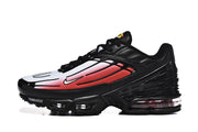 Side view of a black Nike Air Max Plus III sneaker with a white-to-red gradient panel and visible cushioning units.