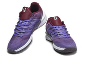 Purple basketball shoes shown from front and angled views with burgundy tongues and purple laces