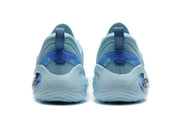 Rear view of the blue sneakers showing the heel pulls, translucent heel sections, and visible FLOW lettering.