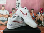 Pair of white basketball sneakers with red Nike swooshes displayed on a box.