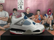 Side view of a white Jordan sneaker with blue mesh, gray lace supports, and a visible Air unit.