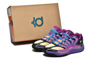 Pair of purple Nike KD basketball shoes pictured with a KD shoebox.