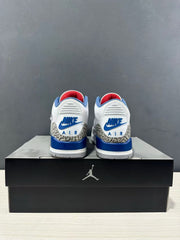 Rear view of the pair showing blue heel accents, elephant-print heel panels, and Air branding.