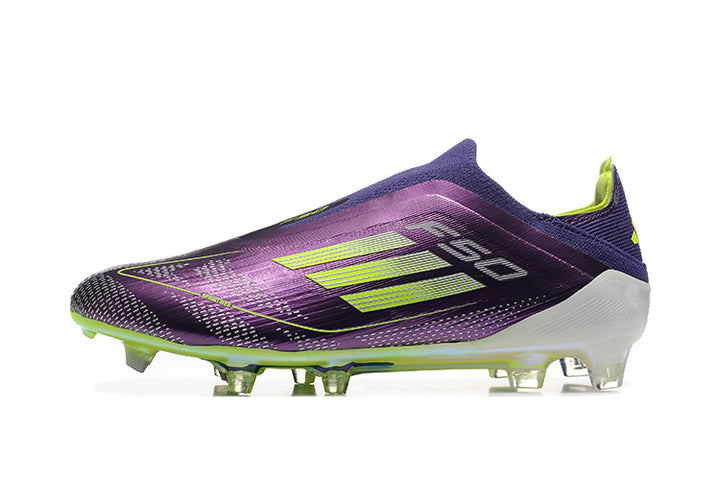 Side view of a purple and lime laceless adidas F50 soccer cleat with a studded outsole.