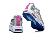 Heel and outsole views of Nike Air Max 95 sneakers in silver, pink, and blue