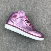 Angled top-side view of the pink rose high-top sneaker.