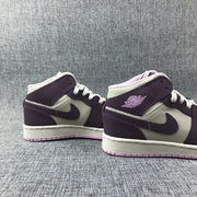 Pair of white and purple high-top sneakers shown from the lateral side.