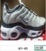Nike Air Max Plus sneaker with a size chart screenshot showing 40–46.