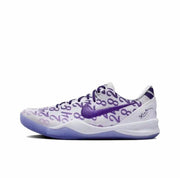 White Kobe 8 sneaker with purple numerals, purple Swoosh and translucent purple outsole.