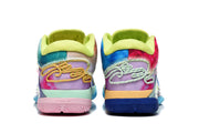 Rear view of the shoes showing colorful heel panels, padded neon-yellow collars, and pink and blue outsole sections.