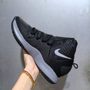Side view of the black and grey Nike Hyperdunk sneaker showing the side Swoosh, high-top collar, and grey midsole.