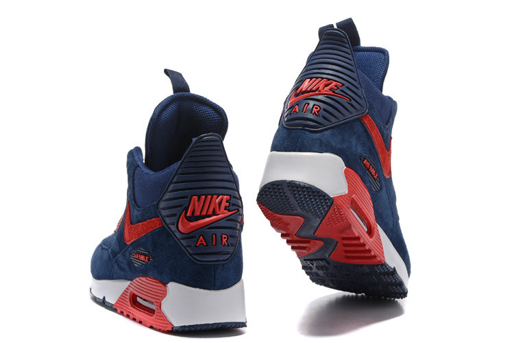 Rear and outsole views of navy and red Nike Air Max 90 SneakerBoot high-tops