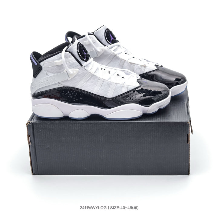 Pair of white, black and purple high-top Jordan-style sneakers displayed on a shoebox; image text shows style code 2411WWYLOG and size range 40–46 with half sizes.
