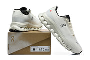 White On Cloudmonster 3 sneakers displayed with a box labeled Cloudmonster 3 and size 8.5 M.