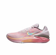 Pink Nike GT Cut 2 sneaker with a multicolor Swoosh, white heel area, and pink layered sole.