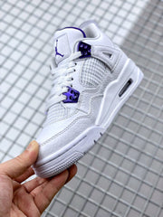 Angled side view showing the white upper, mesh panel, purple lace hardware and midsole air unit.