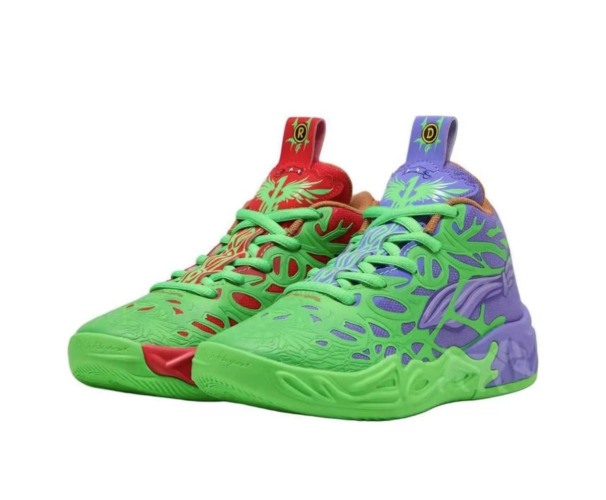 Pair of green high-top sneakers with purple and red contrasting details, patterned uppers, and textured rubber outsoles.