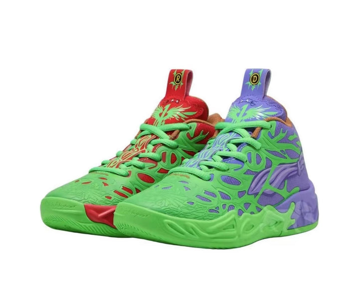 Pair of green high-top sneakers with purple and red contrasting details, patterned uppers, and textured rubber outsoles.