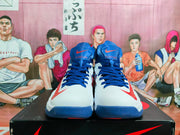 Front view showing the blue laces, white toe panels, red accents, Nike logo, and Hyperdunk tongue branding.
