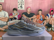 Side view of a blue-gray low-top sneaker with a visible Nike Swoosh, layered upper, and gray outsole.