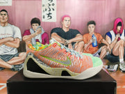 Side view of a multicolor Nike basketball shoe with a contrasting swoosh and patterned heel.