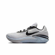 Light gray and white Nike GT Cut 2 sneaker with a black Swoosh and black-and-gray layered sole.