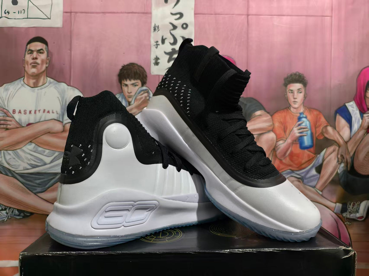 White and black high-top basketball shoes shown at an angle, with a side logo and translucent-looking outsole.