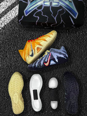 Yellow and blue sneakers with separate outsole and cushioning components displayed beside a graphic shoebox.