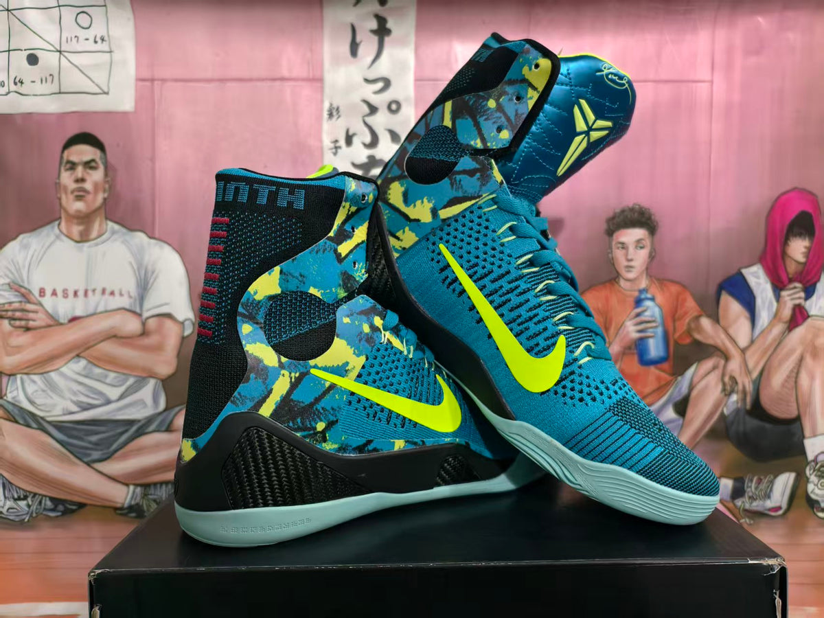 Pair of blue and black high-top basketball shoes with bright volt accents, shown from an angled front and side view.