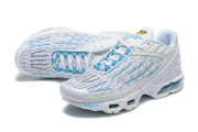 Pair of white and blue Nike Air Max Plus sneakers shown from above and at an angle.