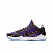 Purple and black Kobe 5 basketball sneaker with gold trim and a translucent blue outsole.
