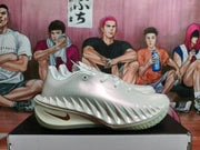 Side view showing the sculpted white shoe upper and bronze-colored Nike swoosh