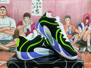 Angled view showing the side panels, white mesh detail, and purple midsole accents