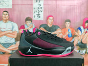 Side profile of a black and grey basketball sneaker with a red-pink textured side panel, Jumpman logo, and Air Zoom marking.