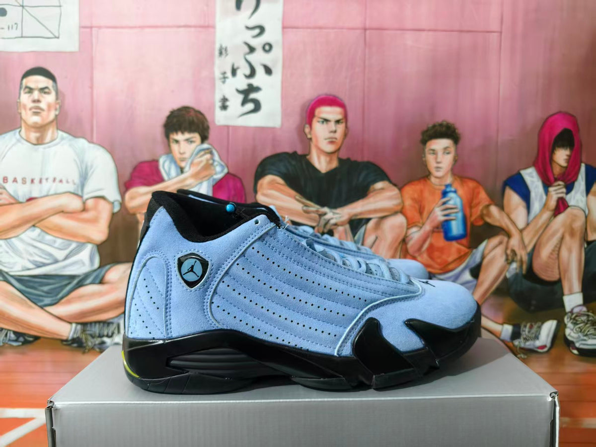 Side view of light blue and black Jordan 14 basketball sneakers.
