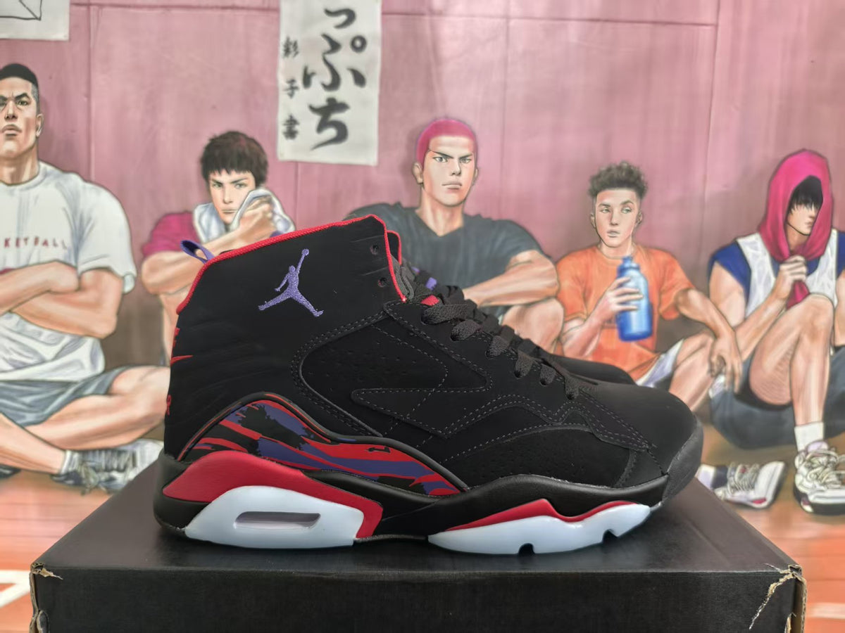 Side view of a black high-top basketball sneaker with red and purple accents on a black shoebox.