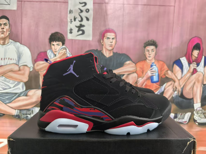 Side view of a black high-top basketball sneaker with red and purple accents on a black shoebox.